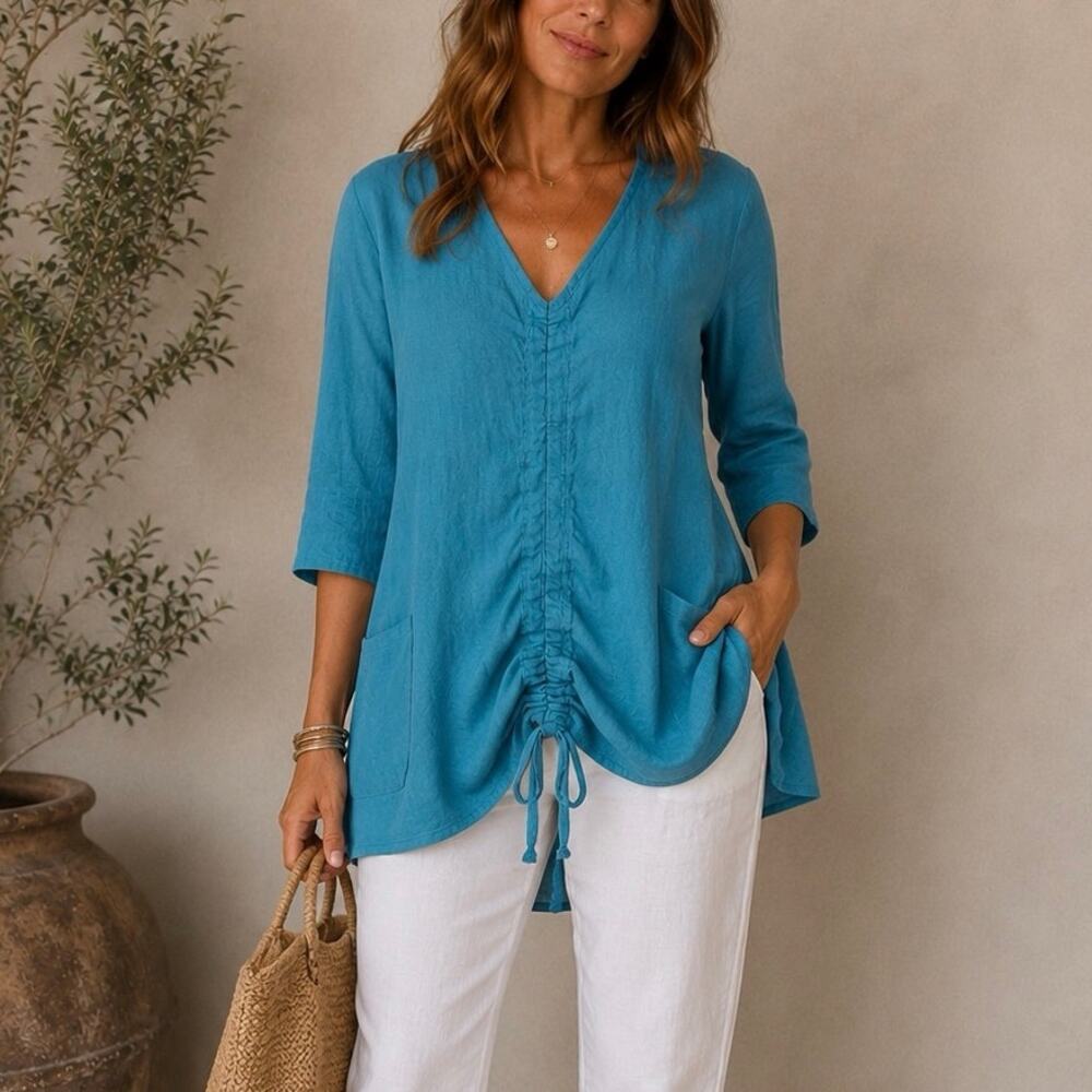 bryn Walker 100% Linen 3/4 Sleeve Cinch Lagenlook Tunic Top Turquoise Womens S